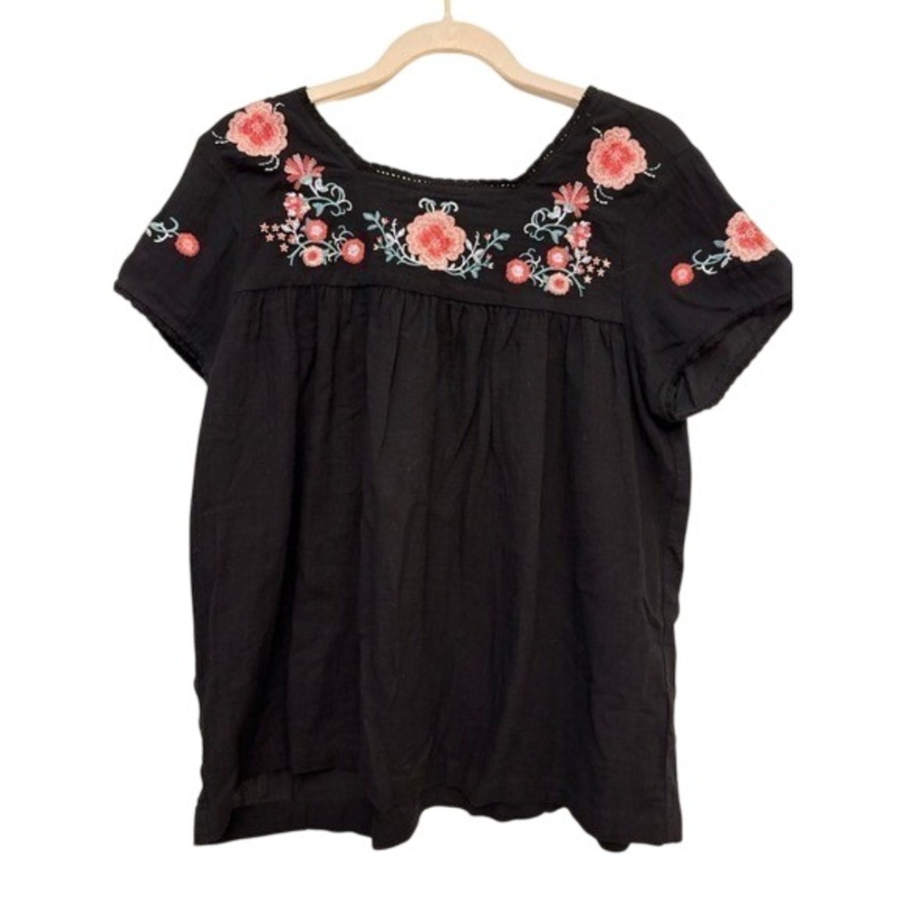Andree Black Boho Peasant Top with Coral Floral Embroidery Size Small